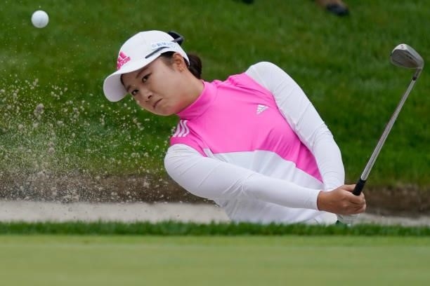 Haruka Morita of japan hits from a bunker on the 2nd hole during the third round of the Nipponham Ladies Classic at Katsura Golf Club on July 10,...