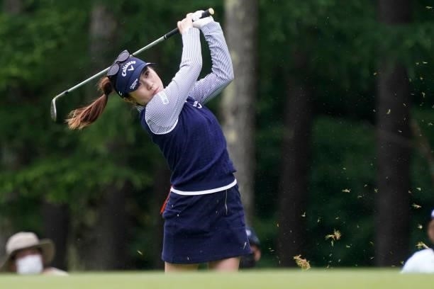 Yuna Nishimura of Japan hits her second shot on the 6th hole during the third round of the Nipponham Ladies Classic at Katsura Golf Club on July 10,...
