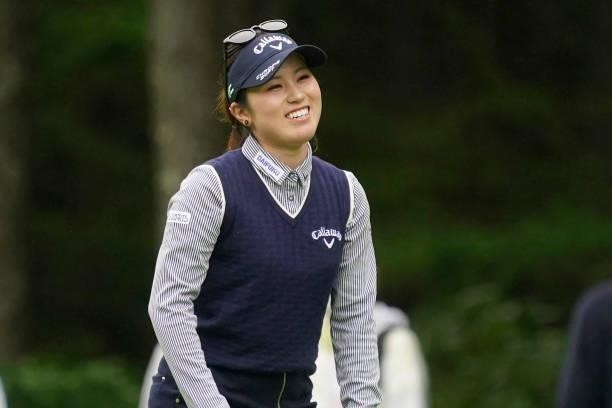 Yuna Nishimura of Japan smiles during the third round of the Nipponham Ladies Classic at Katsura Golf Club on July 10, 2021 in Tomakomai, Hokkaido,...