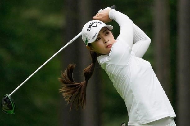 Asuka Kashiwabara of Japan hits her tee shot on the 18th hole during the third round of the Nipponham Ladies Classic at Katsura Golf Club on July 10,...