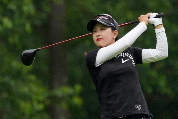 Hana Lee of South Korea hits her tee shot on the 17th hole during the third round of the Nipponham Ladies Classic at Katsura Golf Club on July 10,...