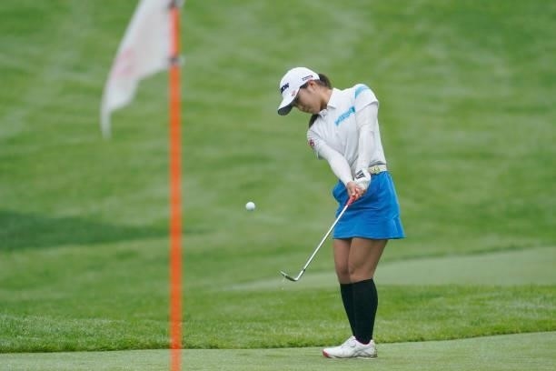Minori Hashizoe of Japan chips onto the 18th green during the third round of the Nipponham Ladies Classic at Katsura Golf Club on July 10, 2021 in...