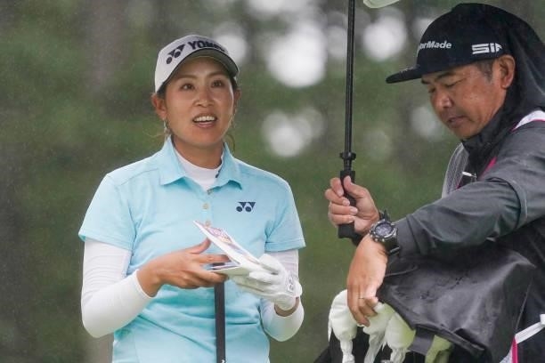 Maiko Wakabayashi of Japan smiles during the third round of the Nipponham Ladies Classic at Katsura Golf Club on July 10, 2021 in Tomakomai,...