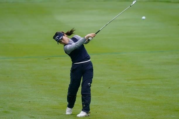Yuna Nishimura of Japan hits her second shot on the 17th hole during the third round of the Nipponham Ladies Classic at Katsura Golf Club on July 10,...