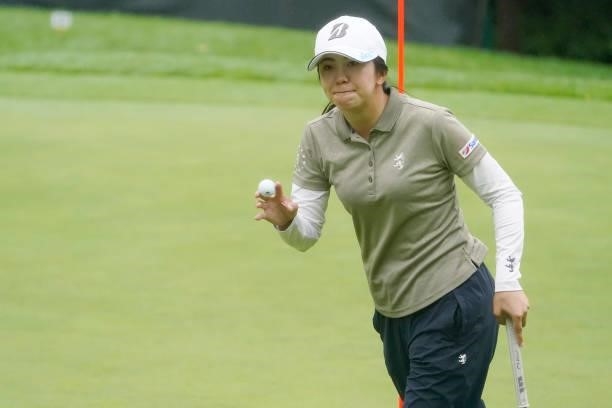 Kotone Hori of Japan reacts on the 18th hole during the third round of the Nipponham Ladies Classic at Katsura Golf Club on July 10, 2021 in...