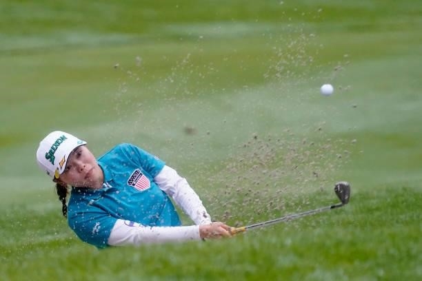 Minami Katsu of Japan hits from a bunker on the 18th hole during the third round of the Nipponham Ladies Classic at Katsura Golf Club on July 10,...