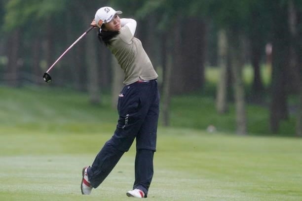 Kotone Hori of Japan hits her second shot on the 18th hole during the third round of the Nipponham Ladies Classic at Katsura Golf Club on July 10,...