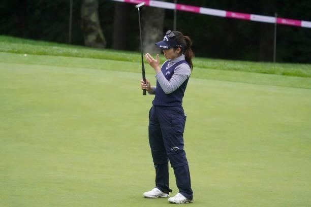 Yuna Nishimura of Japan reacts after missing her outt on the 18th hole during the third round of the Nipponham Ladies Classic at Katsura Golf Club on...