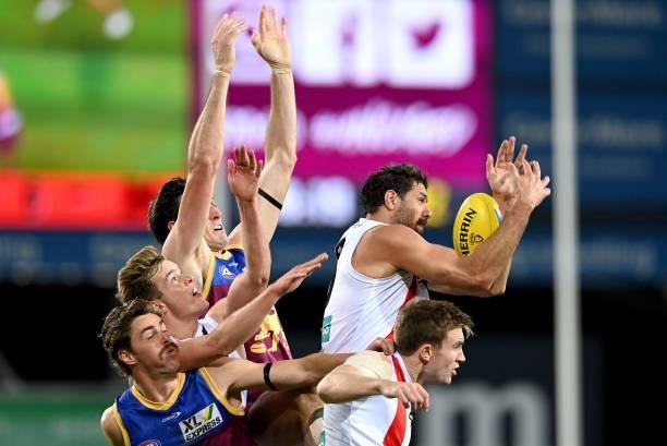 Paddy Ryder of the Saints takes a mark during the round 17 AFL match between Brisbane Lions and St Kilda Saints at The Gabba on July 10, 2021 in...