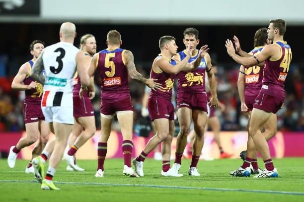Dayne Zorko of the Lions celebrates a goal during the round 17 AFL match between Brisbane Lions and St Kilda Saints at The Gabba on July 10, 2021 in...