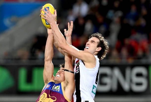 Max King of the Saints takes a mark during the round 17 AFL match between Brisbane Lions and St Kilda Saints at The Gabba on July 10, 2021 in...