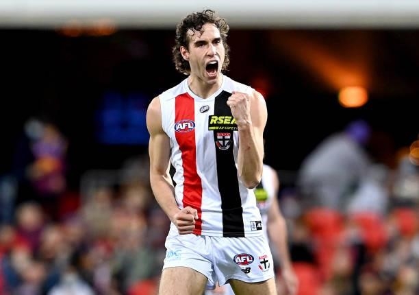 Max King of the Saints celebrates after kicking a goal during the round 17 AFL match between Brisbane Lions and St Kilda Saints at The Gabba on July...