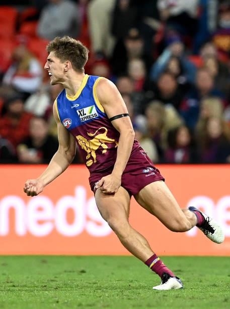 Zac Bailey of the Lions celebrates after kicking a goal during the round 17 AFL match between Brisbane Lions and St Kilda Saints at The Gabba on July...