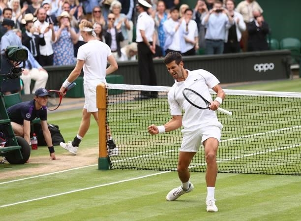 Novak Djokovic of Serbia celebrates victory after winning his Men's Singles Semi-Final match against Denis Shapovalov of Canada during Day Eleven of...