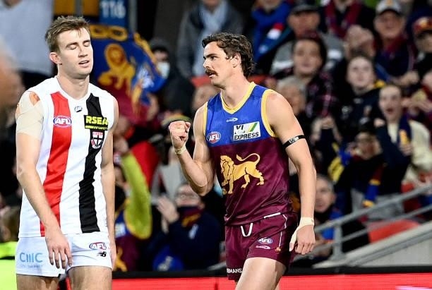 Joe Daniher of the Lions celebrates after kicking a goal during the round 17 AFL match between Brisbane Lions and St Kilda Saints at The Gabba on...