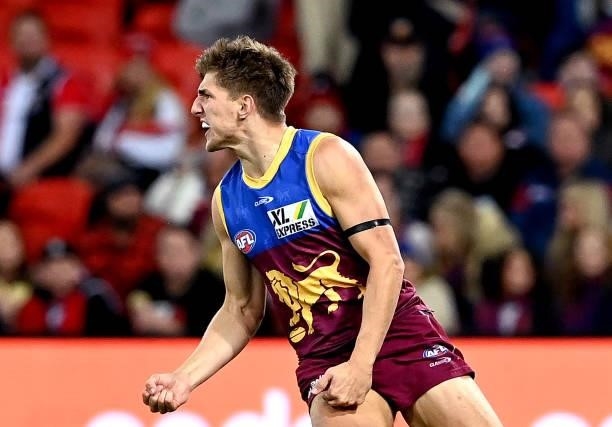 Zac Bailey of the Lions celebrates after kicking a goal during the round 17 AFL match between Brisbane Lions and St Kilda Saints at The Gabba on July...