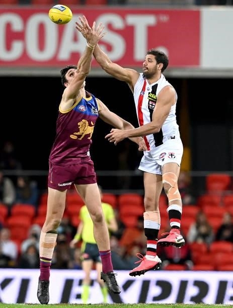 Oscar McInerney of the Lions and Paddy Ryder of the Saints challenge for the ball during the round 17 AFL match between Brisbane Lions and St Kilda...