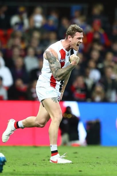 Tim Membrey of the Saints celebrates a goal during the round 17 AFL match between Brisbane Lions and St Kilda Saints at The Gabba on July 10, 2021 in...