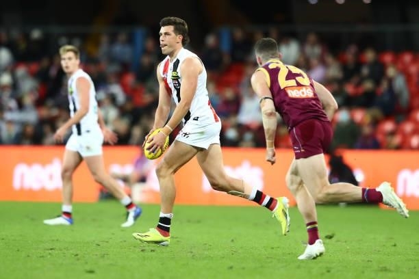 Rowan Marshall of the Saints kicks during the round 17 AFL match between Brisbane Lions and St Kilda Saints at The Gabba on July 10, 2021 in...