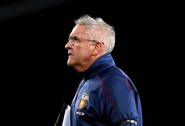 Coach Chris Fagan of the Lions is seen at the 3rd quarter time break during the round 17 AFL match between Brisbane Lions and St Kilda Saints at The...