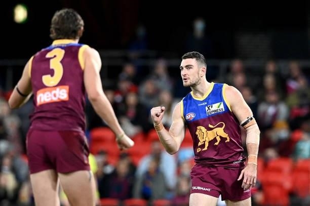 Daniel McStay of the Lions celebrates after kicking a goal during the round 17 AFL match between Brisbane Lions and St Kilda Saints at The Gabba on...