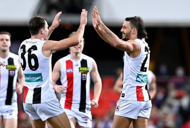 Ben Long of the Saints celebrates after kicking a goal during the round 17 AFL match between Brisbane Lions and St Kilda Saints at The Gabba on July...