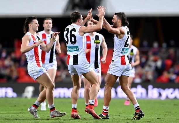 Ben Long of the Saints celebrates after kicking a goal during the round 17 AFL match between Brisbane Lions and St Kilda Saints at The Gabba on July...