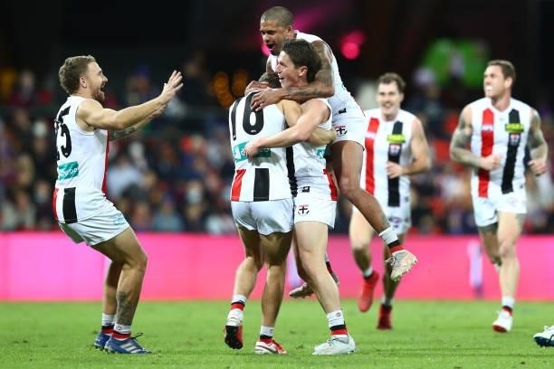 Leo Connolly of the Saints celebraters a goal during the round 17 AFL match between Brisbane Lions and St Kilda Saints at The Gabba on July 10, 2021...