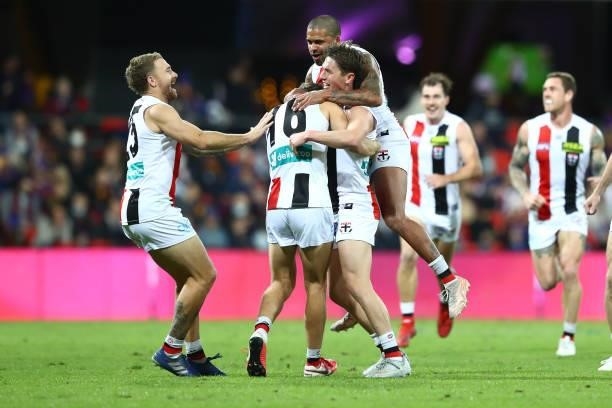 Leo Connolly of the Saints celebraters a goal during the round 17 AFL match between Brisbane Lions and St Kilda Saints at The Gabba on July 10, 2021...
