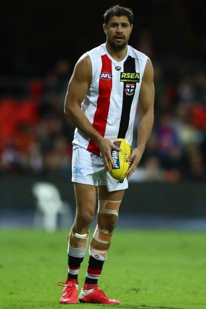 Paddy Ryder of the Saints during the round 17 AFL match between Brisbane Lions and St Kilda Saints at The Gabba on July 10, 2021 in Brisbane,...