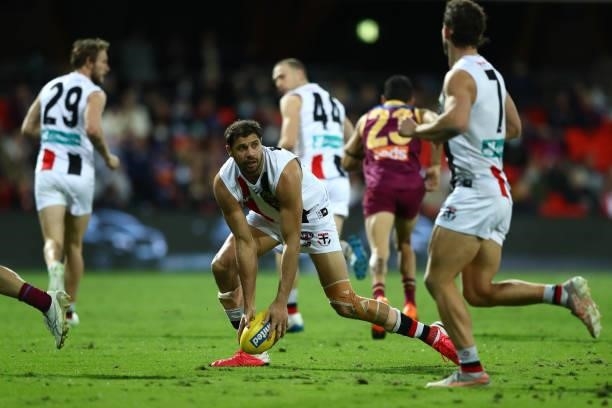 Paddy Ryder of the Saints during the round 17 AFL match between Brisbane Lions and St Kilda Saints at The Gabba on July 10, 2021 in Brisbane,...