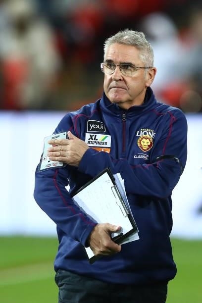 Lions coach Chris Fagan looks on during the round 17 AFL match between Brisbane Lions and St Kilda Saints at The Gabba on July 10, 2021 in Brisbane,...