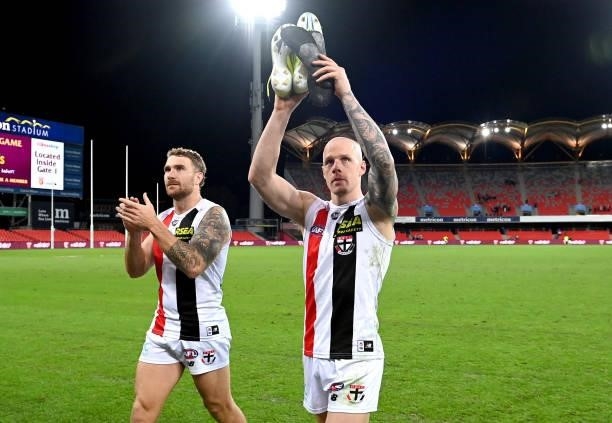 Zak Jones and Dean Kent of the Saints celebrate victory after the round 17 AFL match between Brisbane Lions and St Kilda Saints at The Gabba on July...
