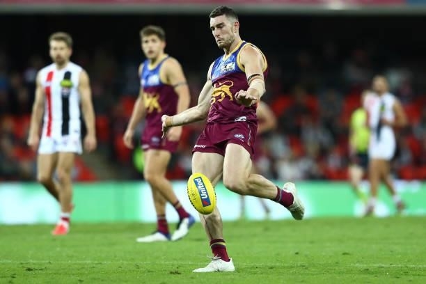 Daniel McStay of the Lions kicks during the round 17 AFL match between Brisbane Lions and St Kilda Saints at The Gabba on July 10, 2021 in Brisbane,...