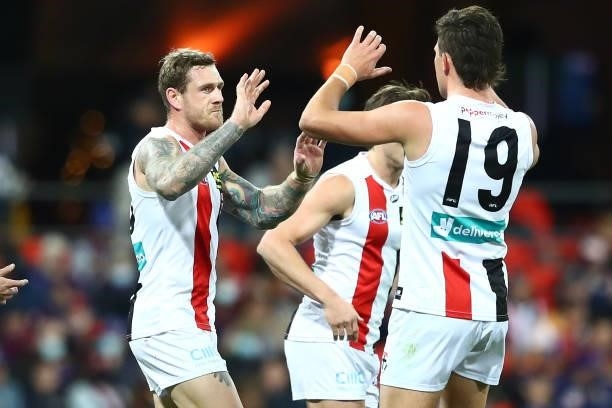 Tim Membrey of the Saints celebrates a goal during the round 17 AFL match between Brisbane Lions and St Kilda Saints at The Gabba on July 10, 2021 in...
