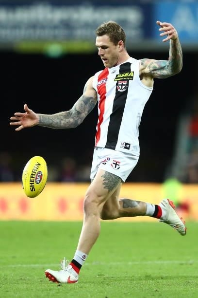 Tim Membrey of the Saints kicks during the round 17 AFL match between Brisbane Lions and St Kilda Saints at The Gabba on July 10, 2021 in Brisbane,...