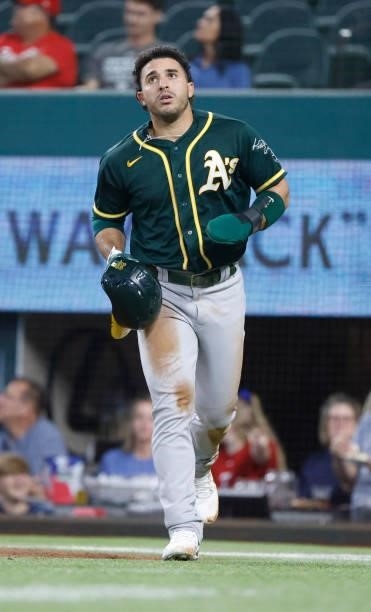 Ramon Laureano of the Oakland Athletics reacts after tagged out against Texas Rangers after being caught off first base during the first inning at...