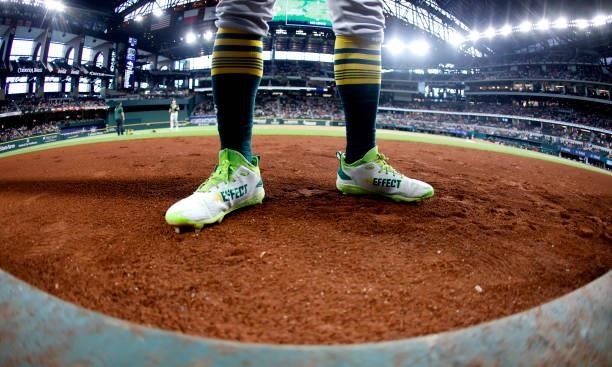 Tony Kemp of the Oakland Athletics stands on the field before playing the Texas Rangers at Globe Life Field on July 9, 2021 in Arlington, Texas.