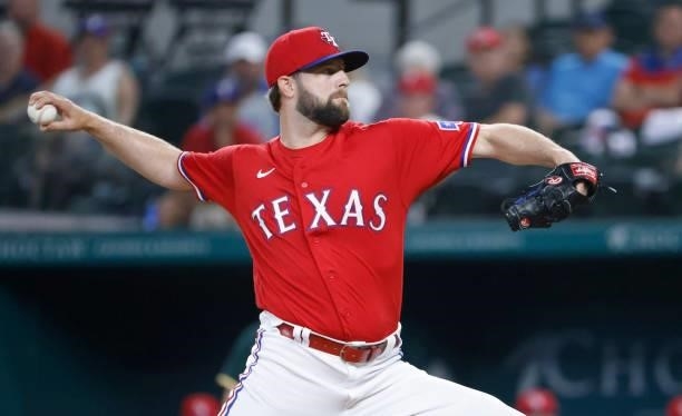 Jordan Lyles of the Texas Rangers pitches against the Oakland Athletics during the first inning at Globe Life Field on July 9, 2021 in Arlington,...