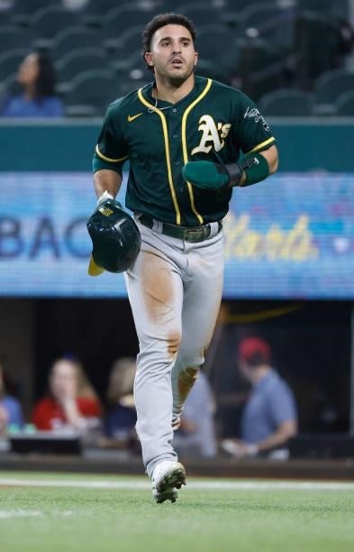 Ramon Laureano of the Oakland Athletics reacts after tagged out against Texas Rangers after being caught off first base during the first inning at...