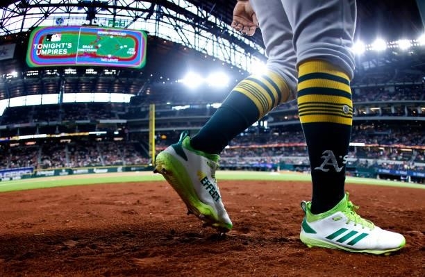 Tony Kemp of the Oakland Athletics stands on the field before playing the Texas Rangers at Globe Life Field on July 9, 2021 in Arlington, Texas.