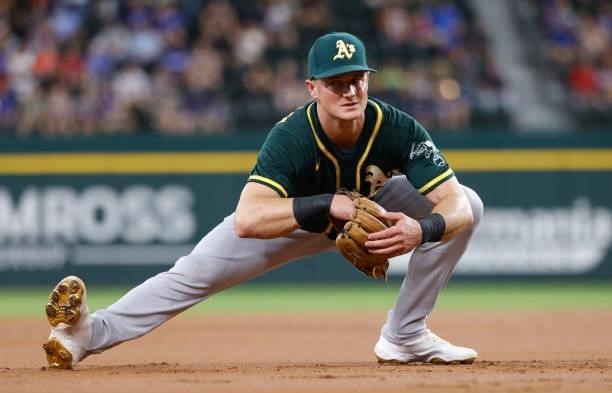 Matt Chapman of the Oakland Athletics stretches before playing the Texas Rangers at Globe Life Field on July 9, 2021 in Arlington, Texas.