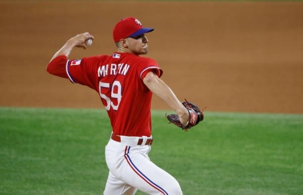 Brett Martin of the Texas Rangers pitches against the Oakland Athletics during the seventh inning at Globe Life Field on July 9, 2021 in Arlington,...