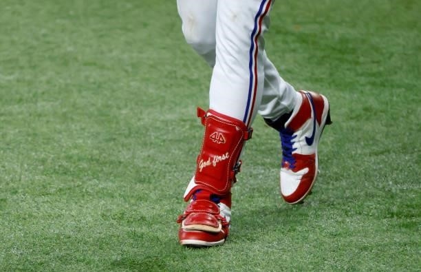 Adolis Garcia of the Texas Rangers walks to home plate for an an bat against the Oakland Athletics at Globe Life Field on July 9, 2021 in Arlington,...