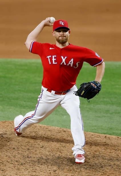 Ian Kennedy of the Texas Rangers pitches against the Oakland Athletics during the ninth inning at Globe Life Field on July 9, 2021 in Arlington,...