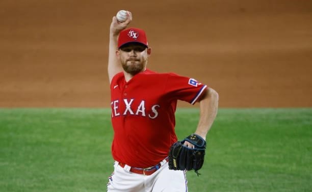 Ian Kennedy of the Texas Rangers pitches against the Oakland Athletics during the ninth inning at Globe Life Field on July 9, 2021 in Arlington,...