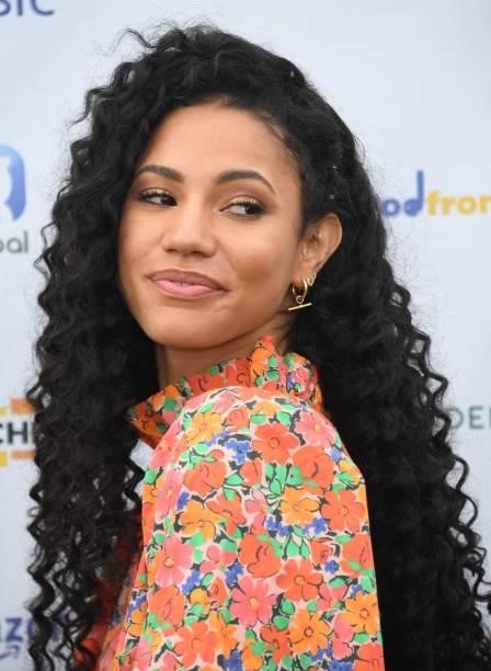 Vick Hope arrives at The British Podcast Awards 2021 at Brockwell Park on July 10, 2021 in London, England.