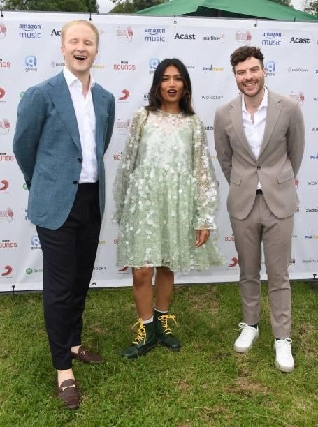 William Hanson, Poppy Jay and Jordan North arrive at The British Podcast Awards 2021 at Brockwell Park on July 10, 2021 in London, England.