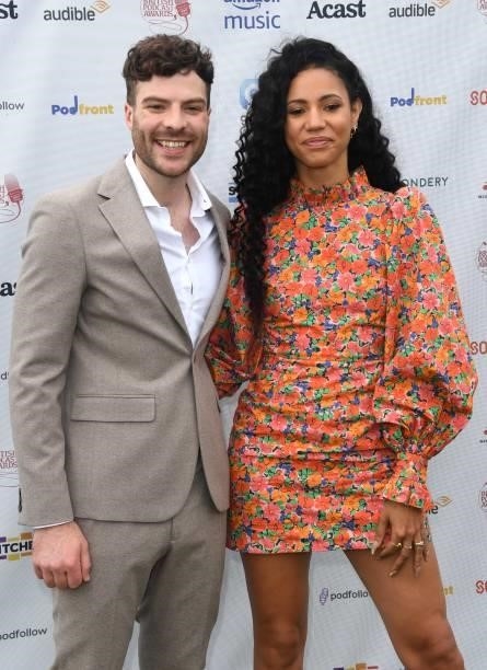 Jordan North and Vick Hope arrive at The British Podcast Awards 2021 at Brockwell Park on July 10, 2021 in London, England.