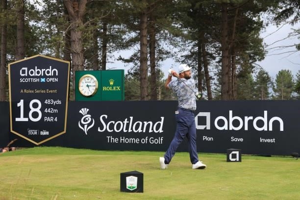 Jon Rahm of Spain tees off on the 18th hole during Day Three of the abrdn Scottish Open at The Renaissance Club on July 10, 2021 in North Berwick,...